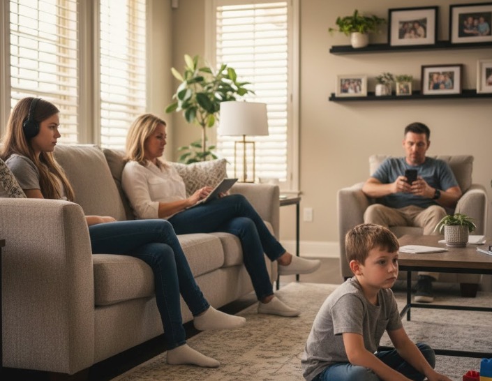 A warm living-room scene with soft window light